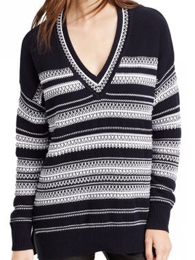Vince Oversized Navy and White Striped V-Neck Knit Cotton Sweater